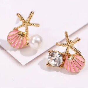 Gold Shell & Pearl Pink Stud Earrings